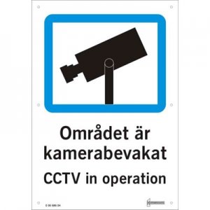 Skylt i aluminium med symbol och text: Området är kamerabevakat CCTV in operation. Placeras väl synlig där kameraövervakning för
